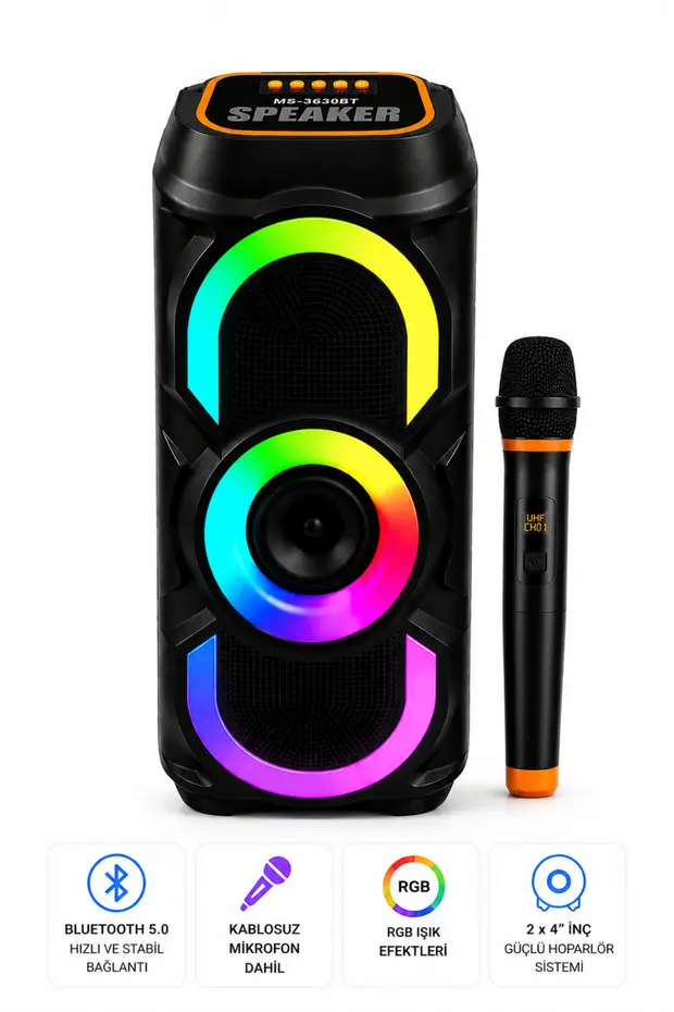 Kablosuz Mikrofonlu Bluetooth Hoparlör Karaoke RGB Işıklı TWS Destekli Taşınabilir Parti Hoparlörü USB FM Radyo 
